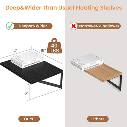 Heimlove Black Deep Floating Shelves for Wall, 16W x 12D Wood Wall Shelves Set of 2, Wide Floating Bookshelf for Living Room, Kitchen, Office, Bedroom and Decor Storage, with Metal Bracket - Black