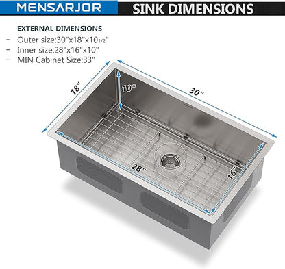 MENSARJOR Undermount Kitchen Sink, 304 Stainless Steel Round Corner Single Bowl Deep Kitchen Sinks, 10-inch Deep Large Bar Sink, 30"X18"Inch