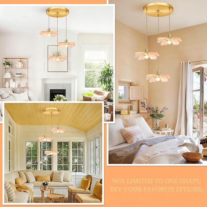 Amber Glass Pendant Chandelier, 3-Light Gold Brass Modern Light Fixture for Kitchen Island, Dining Table, Hallway & Entryway