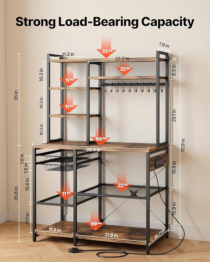 VEVOR Kitchen Bakers Rack with Power Outlets, 35.4x15.7x70.9 Inch Microwave Stand with Built-in Power Strip & 5 Ft Cord, 10 S-Shaped Hooks, for Dish Storage, Spice Jars, Coffee Bar Organization