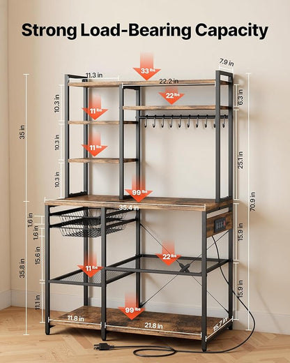 VEVOR Kitchen Bakers Rack with Power Outlets, 35.4x15.7x70.9 Inch Microwave Stand with Built-in Power Strip & 5 Ft Cord, 10 S-Shaped Hooks, for Dish Storage, Spice Jars, Coffee Bar Organization