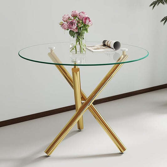 35.4'' Round Dining Table for 4 or 2, Glass Small Kitchen Table for Dining Room Living Room, Round Accent Tea Table Circular Dining Table, Gold Metal Tube Legs