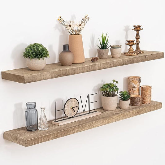 FLYJOE Floating Shelves Reclaimed Barnwood, 8" Deep Solid Wood Floating Shelf Wall Hanging Shelves with Invisible Heavy-Duty Metal Bracket | Wall Mounted | Farmhouse Style | 40 inches,2PCS,Natural