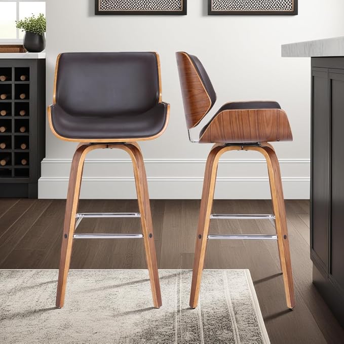 Armen Living Tyler 30" Bar Height Swivel Brown Faux Leather and Walnut Wood Bar Stool - Set of 3