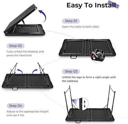 Byliable Folding Table 4 Foot Portable Heavy Duty Plastic Fold-in-Half Utility Table Small Indoor Outdoor Adjustable Height Folding with Carrying Handle, Camping and Party, Black