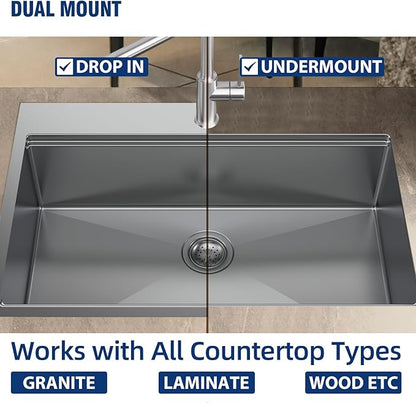 Undermount Kitchen Sink Workstation - 33x22 Inch Drop In Sink Workstation T304 18 Gauge Stainless Steel Single Bowl Kitchen Sinks with Accessories, Handmade Basin, 9 Inch Deep