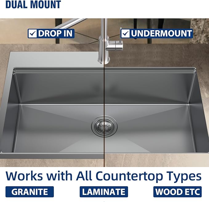 33-inch Undermount Kitchen Sink Workstation - 33x22 Inch Drop In Sink Workstation T304 18 Gauge Stainless Steel Single Bowl Kitchen Sinks with Accessories, Handmade Basin, 9 Inch Deep