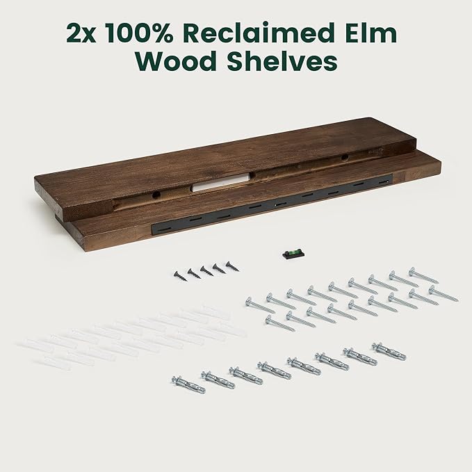 36 Inch Flat Edge Floating Shelves, 8 Inch Deep Solid Elm Wood Wall Shelf, Heavy-Duty Wall Mounted Shelf with Invisible Brackets for Living Room, Bathroom, Kitchen, Set of 2, Walnut Color