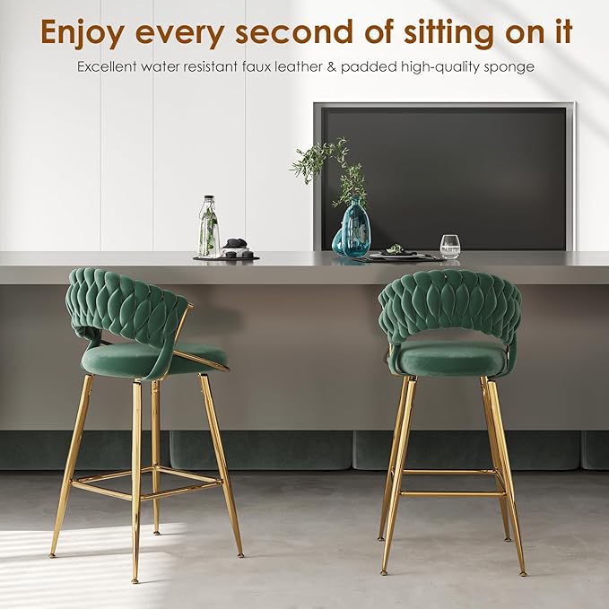 25.2" Velvet Counter Stool with Gold Accents, Ergonomic Plush Seat for Kitchen Island Bar