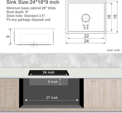 MENATT 24-inch Undermount Kitchen Sink, SUS304 Stainless Steel Handmade Single Bowl Kitchen Sink with Sink Strainer, 24"x18"x9" (Brushed)