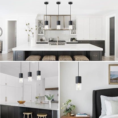 3-Pack Black Pendant Light Fixtures, Adjustable Modern Pendant Lights for Kitchen Island, Industrial Clear Glass Pendant Lights for Dining Table Hallway Bedroom Living Room