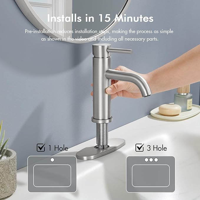 Brushed Nickel Bathroom Faucet, WINKEAR Single Hole Bathroom Faucet with Pop-up Drain and Flexible Hoses, Single Handle for Sink, Vanity, RV, Modern Farmhouse