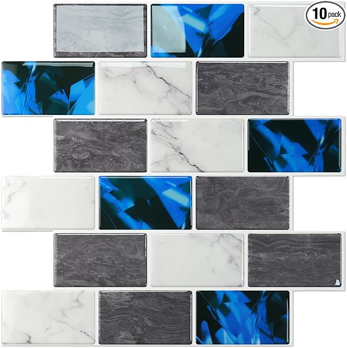 STICKGOO Peel and Stick Backsplash Subway Tiles, 10 Sheets of 12" x 12" - 3D Adhesive Peel and Stick Tile Backsplash for Kitchen, Bathroom, Wall Tile (Thicker Design, Blue Grey)