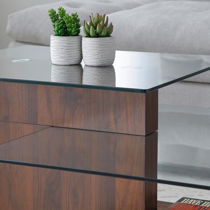 Glass Coffee Table with Storage, 44 Inch Rectangular Coffee Tables for Living Room, 3-Tier Tempered Glass Wooden Center Table Modern Accent Cocktail Table for Home Office (Walnut)