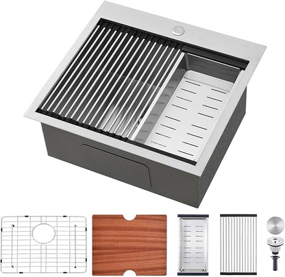 SHACO 21 Inch Drop In Kitchen Sink, 21 x 20 Inch Top Mount 16 Gauge Stainless Steel Single Bowl Workstation RV Small Kitchen Outdoor Laundry Wet Prep Sink with Accessories