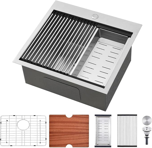 SHACO 21 Inch Drop In Kitchen Sink, 21 x 20 Inch Top Mount 16 Gauge Stainless Steel Single Bowl Workstation RV Small Kitchen Outdoor Laundry Wet Prep Sink with Accessories