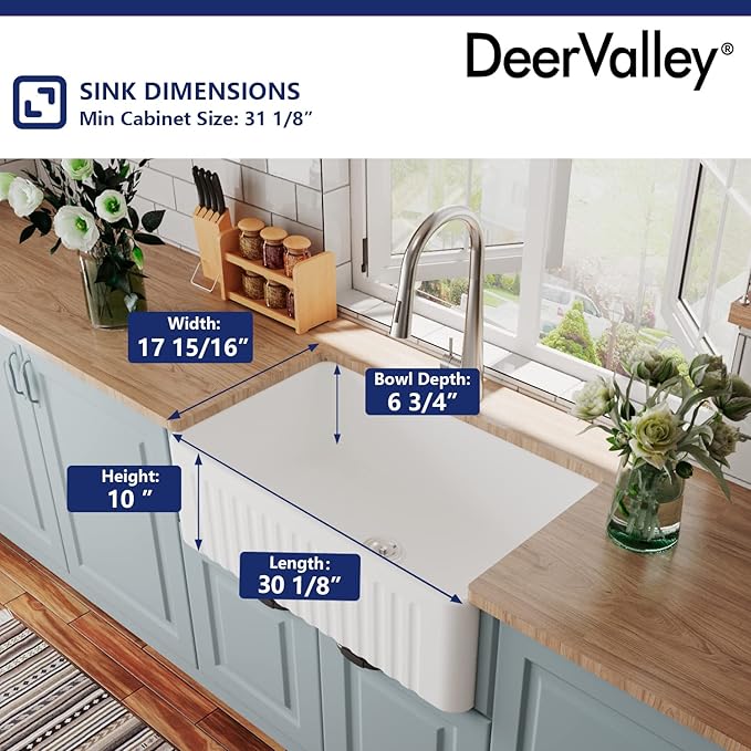 DeerValley Farmhouse Sink 30"x18" 10 inch Deep White Kitchen Sinks Fireclay Single Bowl Apron Front Lavabos de Cocina with Accessories