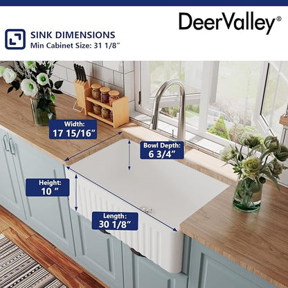 DeerValley Farmhouse Sink 30"x18" 10 inch Deep White Kitchen Sinks Fireclay Single Bowl Apron Front Lavabos de Cocina with Accessories