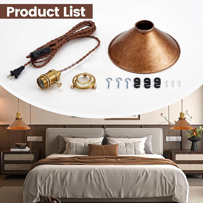 Hanging Light Plug in,Vintage Hanging Lamp Plug in with Rusted Copper 8.2 Inch Shade and Adjustable 14Ft Cord Antique Farmhouse Pendant Light Kitchen Island Bedroom and Sofa