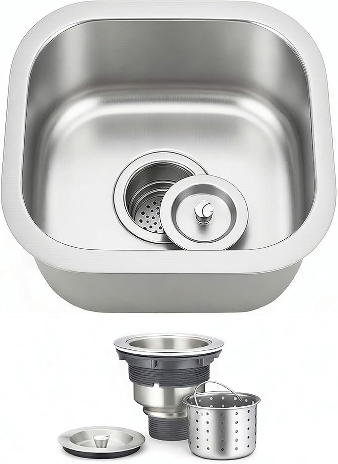 ORLANDO 13x13 inch Undermount Bar Sink – 18 Gauge 304 Stainless Steel Single Bowl small Kitchen Sink with Basket Strainer for Wet Bar, RV & Kitchen Island