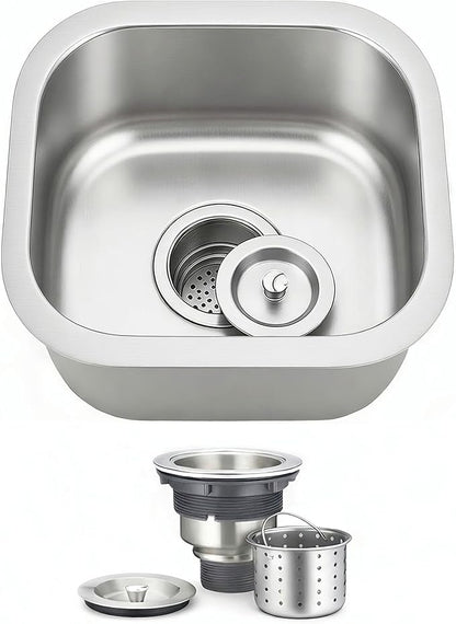 ORLANDO 13x13 inch Undermount Bar Sink – 18 Gauge 304 Stainless Steel Single Bowl small Kitchen Sink with Basket Strainer for Wet Bar, RV & Kitchen Island