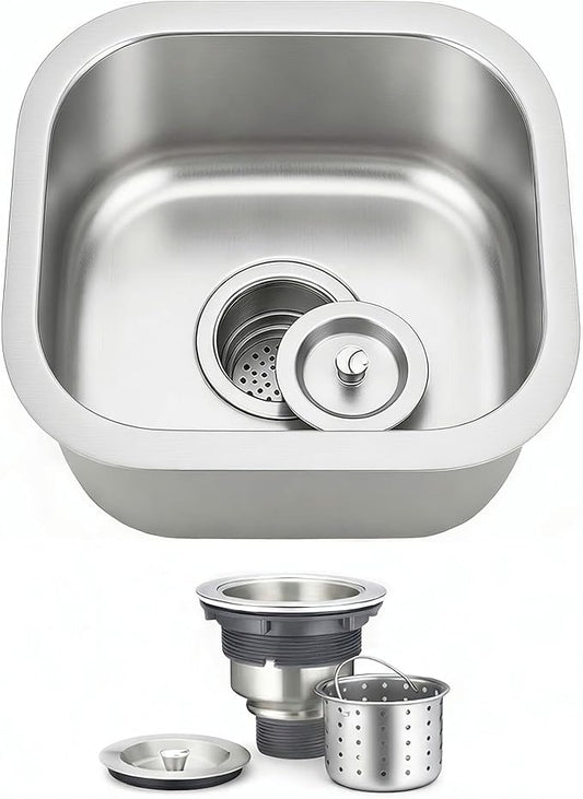 ORLANDO 13x13 inch Undermount Bar Sink – 18 Gauge 304 Stainless Steel Single Bowl small Kitchen Sink with Basket Strainer for Wet Bar, RV & Kitchen Island