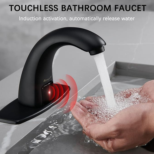 Charmingwater Touchless Bathroom Sink Faucet, Motion Automatic Sensor Faucet with Hole Cover Plate, Matte Black