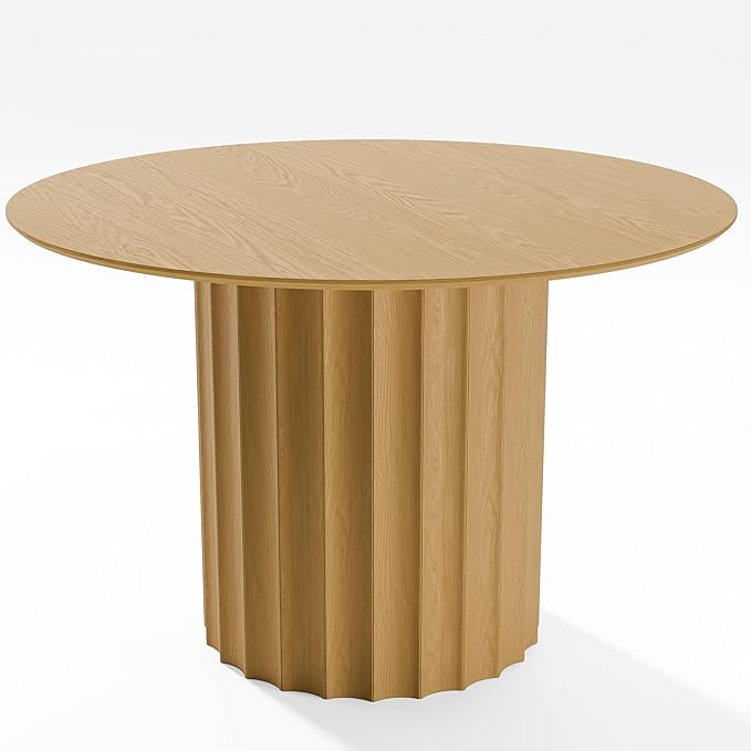 Casaphoria 46" Round Dining Table, Modern Wood Kitchen Table with Cylindrical Wide Bar Concave Base for Living Room & Dining Room, Easy Assembly Farmhouse Furniture for 4-6, Oak