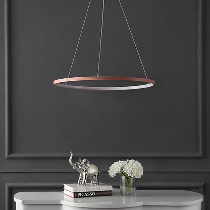 JONATHAN Y 23.75" Matte Pink Modern Integrated LED Pendant Light, Dimmable Round Hoop Chandelier for Kitchen Island, Dining Room, Adjustable Height Metal Hanging Light (JYL7203B)