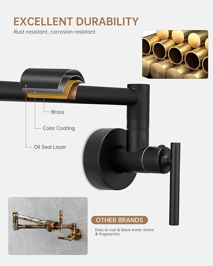 Fransiton Matte Black Pot Filler, Pot Filler Faucet Wall Mount, Brass Folding Stretchable with Double Joint Swing Arm Single Hole Two Handles Kitchen