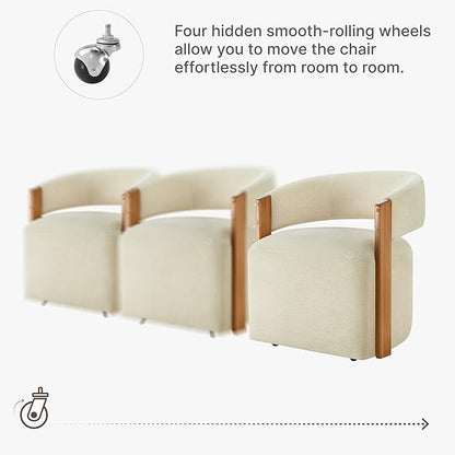KISLOT Upholstered Dining Chairs Set of 2, Barrel Modern Dining Room Chairs with Casters, Kitchen Side Wooden Armchair with Fabric Cushion Seat for Bedroom, Livingroom, Reading Room, Sand, 2 Boxs
