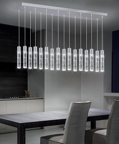 16-Lights Modern Crystal Rectangular Chandeliers LED Pendant Light for Kitchen Island High Ceiling Chandelier for Dining Room Entrance Foyer Living Room Silver