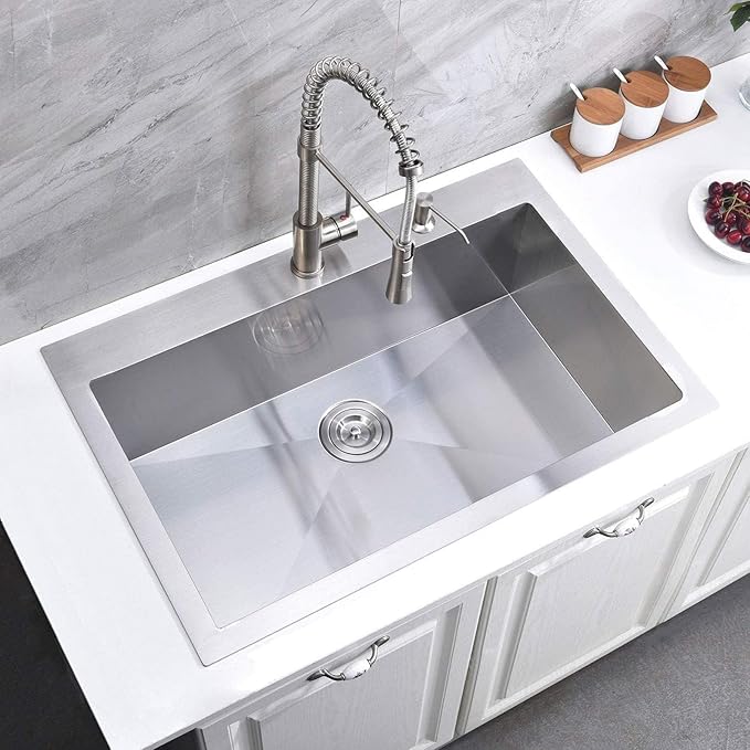 KINGO HOME 28 Inch Drop in Kitchen Sink, 304 Stainless Steel Single Bowl Basin, Top Mount 16 Gauge 28x18 Inch Brushed Nickel Dishwasher Sinks for Workstation, RV, Laundry, Commercial and Bar Sink