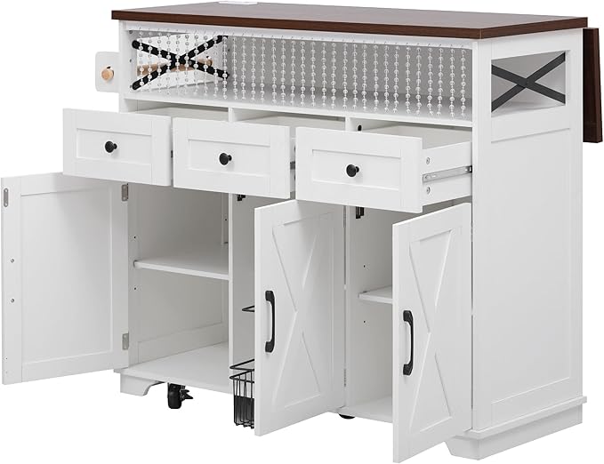 Ball & Cast Farmhouse Kitchen Island with Drape of Beads & Power Outlet, Rolling Kitchen Cart on 5 Wheels, 3 Drawers, Internal Iron Shelf & Towel Rack, for Kitchen & Dining Room, White