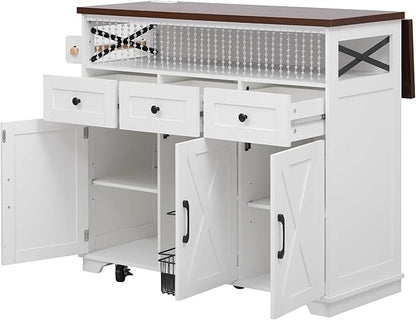 Ball & Cast Farmhouse Kitchen Island with Drape of Beads & Power Outlet, Rolling Kitchen Cart on 5 Wheels, 3 Drawers, Internal Iron Shelf & Towel Rack, for Kitchen & Dining Room, White