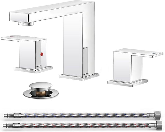 QFN Lead-Free Chrome Bathroom Faucet 3 Hole, Square Bathroom Sink Faucet 8 Inch Widespread, 2 Handle for 6"-12" Vanity Sink with Metal Pop Up Drain and 24" cUPC Supply Hoses