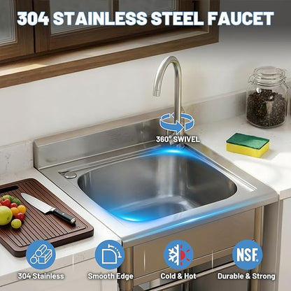 Utility Sink Free Standing Single Bowl Kitchen Sink with Cold and Hot Water Pipe Stainless Steel Sink for Garage Shop Laundry Room Farmhouse Mens Gifts Ourdoor Indoor