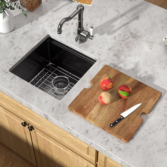 17 Inch Black Undermount Bar Sink, 16 Gauge 304 Stainless Steel Single Bowl Workstation Gunmetal Black Prep Sink with Cutting Board for Kitchen Bar, Boat, and RV #TLU-0019