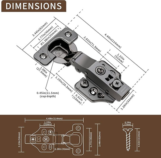 4 Pack Full Overlay Soft Close Cabinet Hinges 105° Frameless 3 Way Adjustable Soft Close Hinges for Cabinet Doors Kitchen Cabinet Door Hinges with Screws Black Nickel