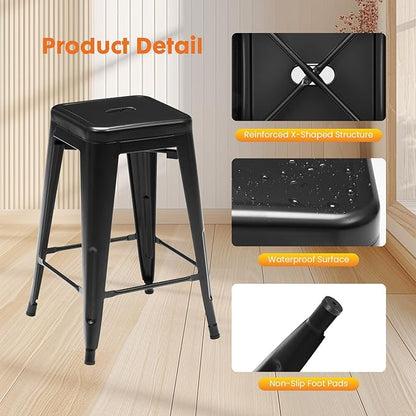 Sweetcrispy Metal Bar Stools Set of 8, 24 Inch Stackable Restaurant Classic Trattoria Metal Chairs, Backless Counter Height Barstool Chairs for Dining Room, Kitchen Island, Indoor Outdoor Use, Inky