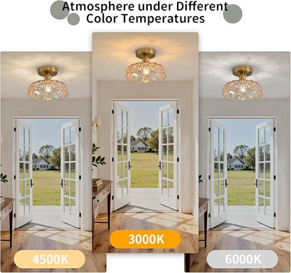 Semi Flush Mount Ceiling Light Mid Century Modern Floral Amber Glass Shade, Close to Ceiling Lighting Fixtures for Bedroom, Bathroom, Kitchen, Closet Laundry Room, Foyer and Hallway 9.45 in