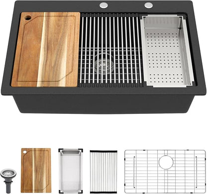 33 Inch Granite Composite Kitchen Sink - Matte Black Drop In Granite Kitchen Sink, Workstation All-In One Classic Quartz Top Mount Single Bowl Sinks for Modern Kitchen, 33"x22" #TLGT-123