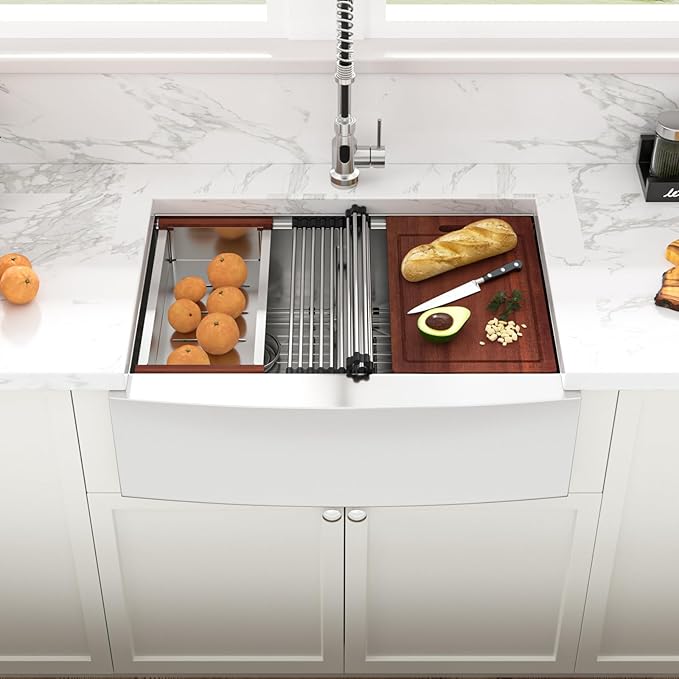 Sarlai 30 Farmhouse Sink Stainless Steel Double Bowl - 30 x 22 inch Apron Front Kitchen Sink Ledge Workstation Double Basin16 Gauge Farmer Style Low Divided Kitchen Farm Sinks 50/50