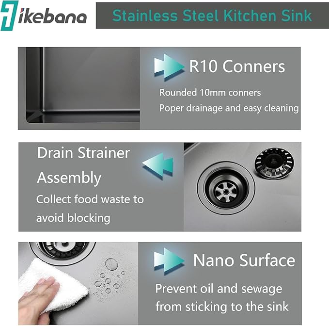 IKEBANA 25 Inch Black Drop In Kitchen Sink, 25 x 22 Inch 16 Gauge Single Bowl Stainless Steel Handmade Topmount Black Sink RV Bar Laundry Sinks