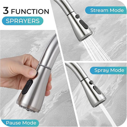 Pull Down Kitchen Faucet with Soap Dispenser - Brushed Nickel Single Handle Kitchen Faucets, High Arc Stainless Steel Pull Out Kitchen Sink Faucet with Deck for RV Laundry Farmhouse Bar
