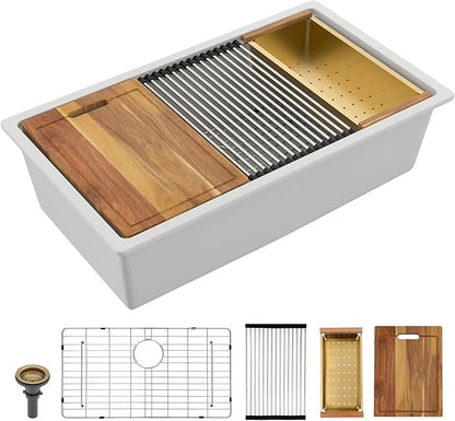 33"x19" Granite Composite Kitchen Sink - White Undermount Ledge Workstation Quartz Classic Luxury Under Counter Single Bowl Sink Basin