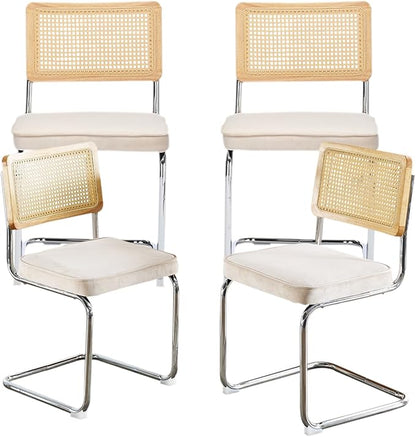 Rattan Back Velvet Dining Chair Set of 4 Modern Breuer Designed Stainless Chrome Base Armless Upholstered Dining Chair for Dining Room, Kitchen Island(Beige)