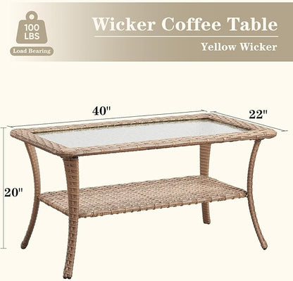 Belord Outdoor Coffee Table for Patio - 40 Inch Rattan Patio Coffee Table with 2-Layer Storage, Rectangular Tempered Glass Outdoor Wicker Table for Porch Balcony Deck Yellow
