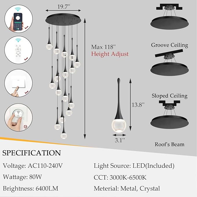 16 Light High Ceiling Crystal Chandelier Dimmable LED Pendant Lights with Remote Adjustable Chandeliers for Foyer Staircase Living Room Black