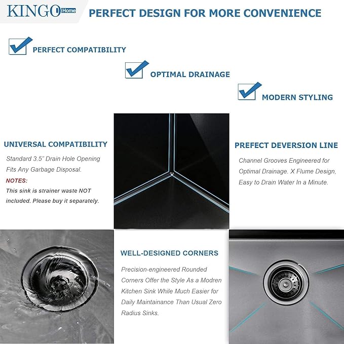 KINGO HOME 28 Inch Black Drop in Kitchen Sink, 28x18 Inch Gunmetal Black Single Bowl Stainless Steel Basin Topmount Kitchen Sink, 16 Gauge Metal Sink with Strainer